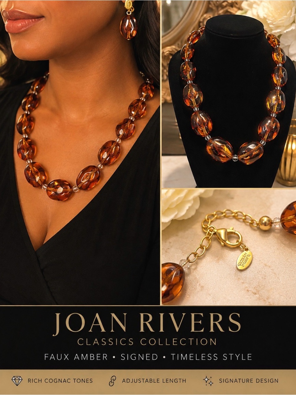 Vintage Joan Rivers Faux Amber Bead Necklace in Rich Cognac and Gold-Tone